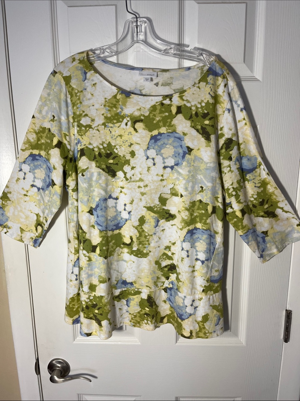 Pure Jill pullover floral pastel tunic ruffle  Modalcotton blue green 3/4 slv XL